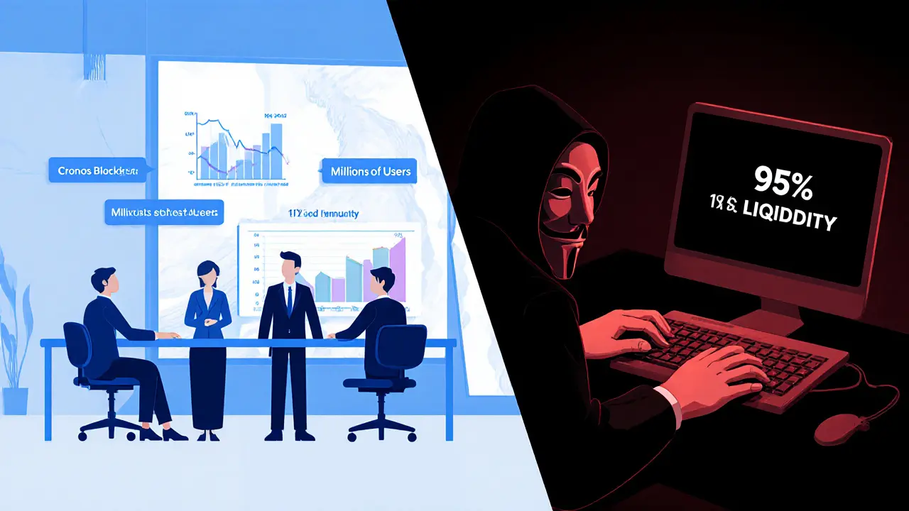 Split illustration: legitimate crypto team in bright office vs anonymous scammers in dark room with low liquidity warnings.