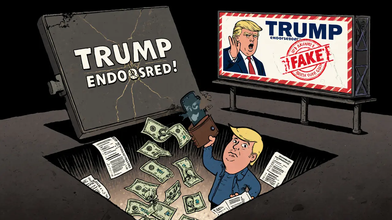 Trader falling through a trapdoor labeled &#039;CRO Trump AI&#039; into a pit of fake ads and gas fees, with a &#039;TRUMP ENDORSED!&#039; billboard cracking above.