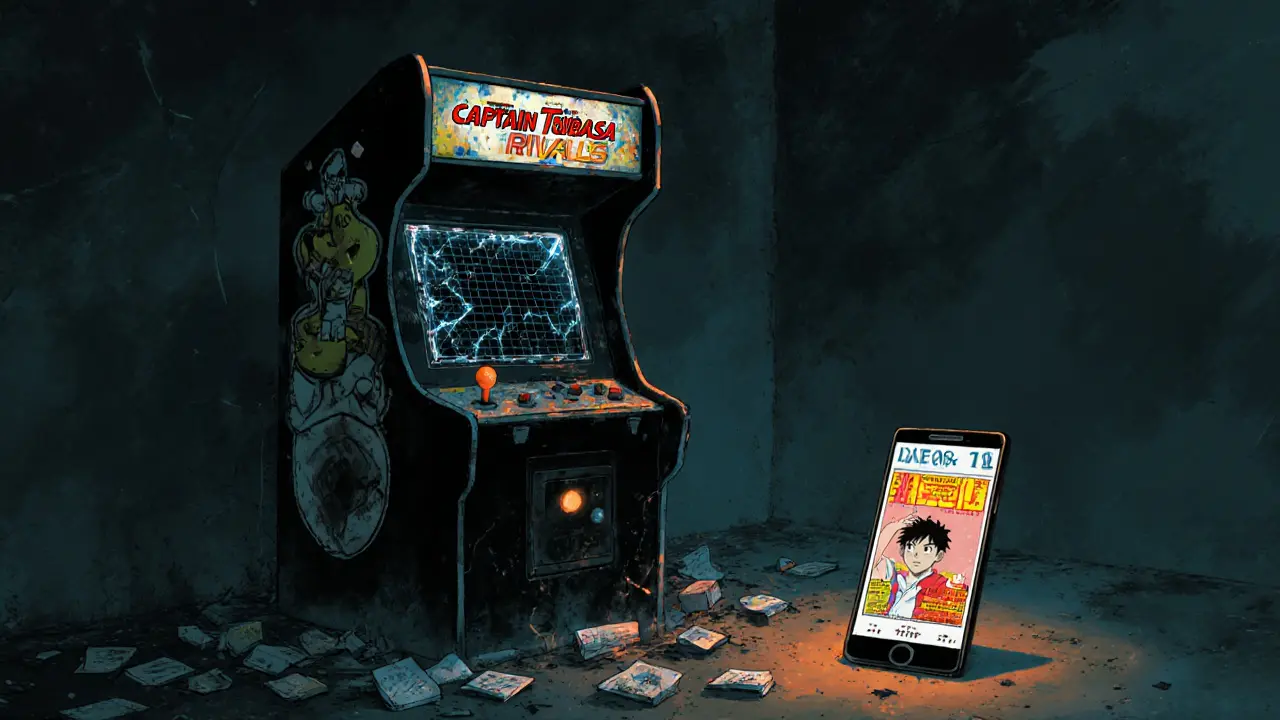 A broken arcade machine with falling price graphs and scattered NFT cards, next to a dusty Captain Tsubasa manga.