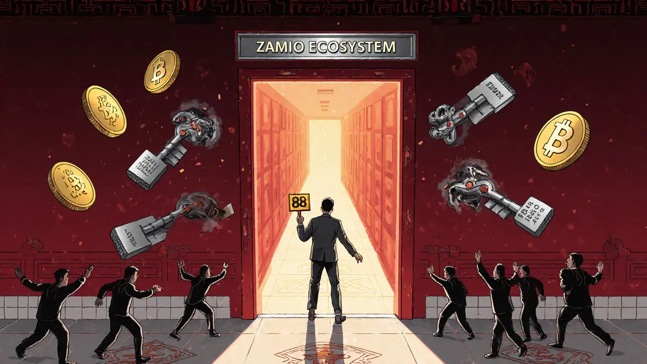 A door to the Zamio ecosystem opens, revealing a hallway of phone-number transfers and NFT keys, with one person entering.