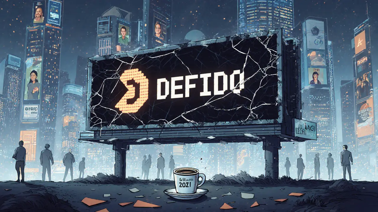 A faded DEFIDO billboard is ignored beside thriving crypto apps on the Base Network.