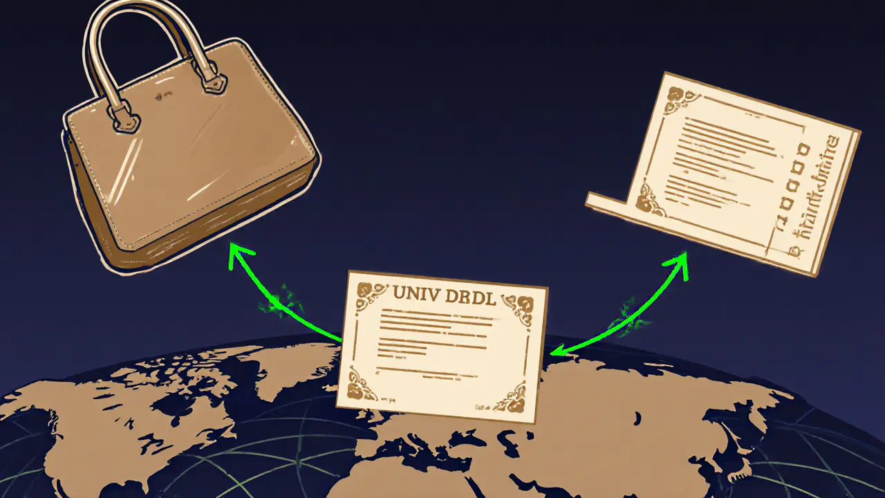 A handbag, ticket, and diploma are NFTs with ownership histories traced across a global blockchain network.