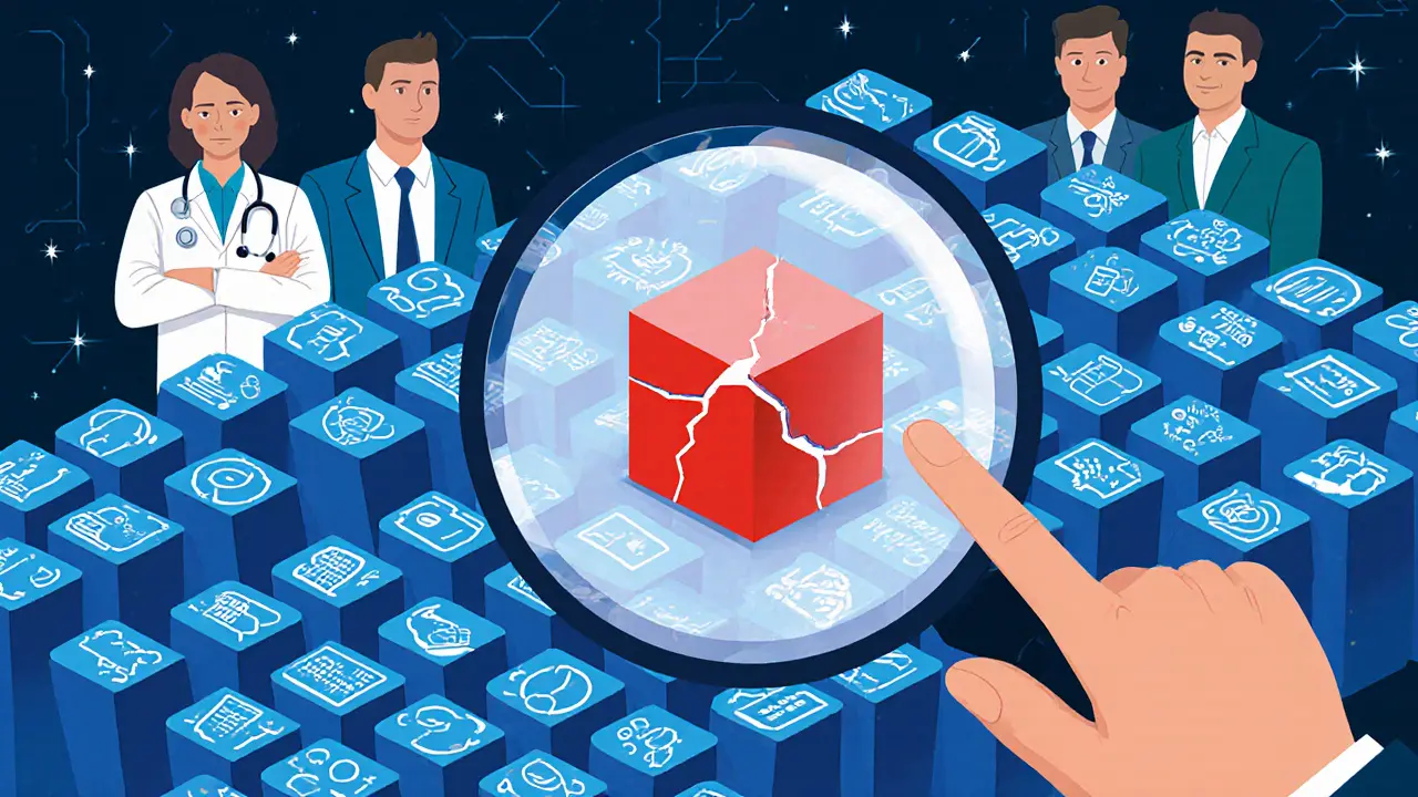 A magnifying glass reveals a cracked data block in a digital ledger, while experts observe the tampering.