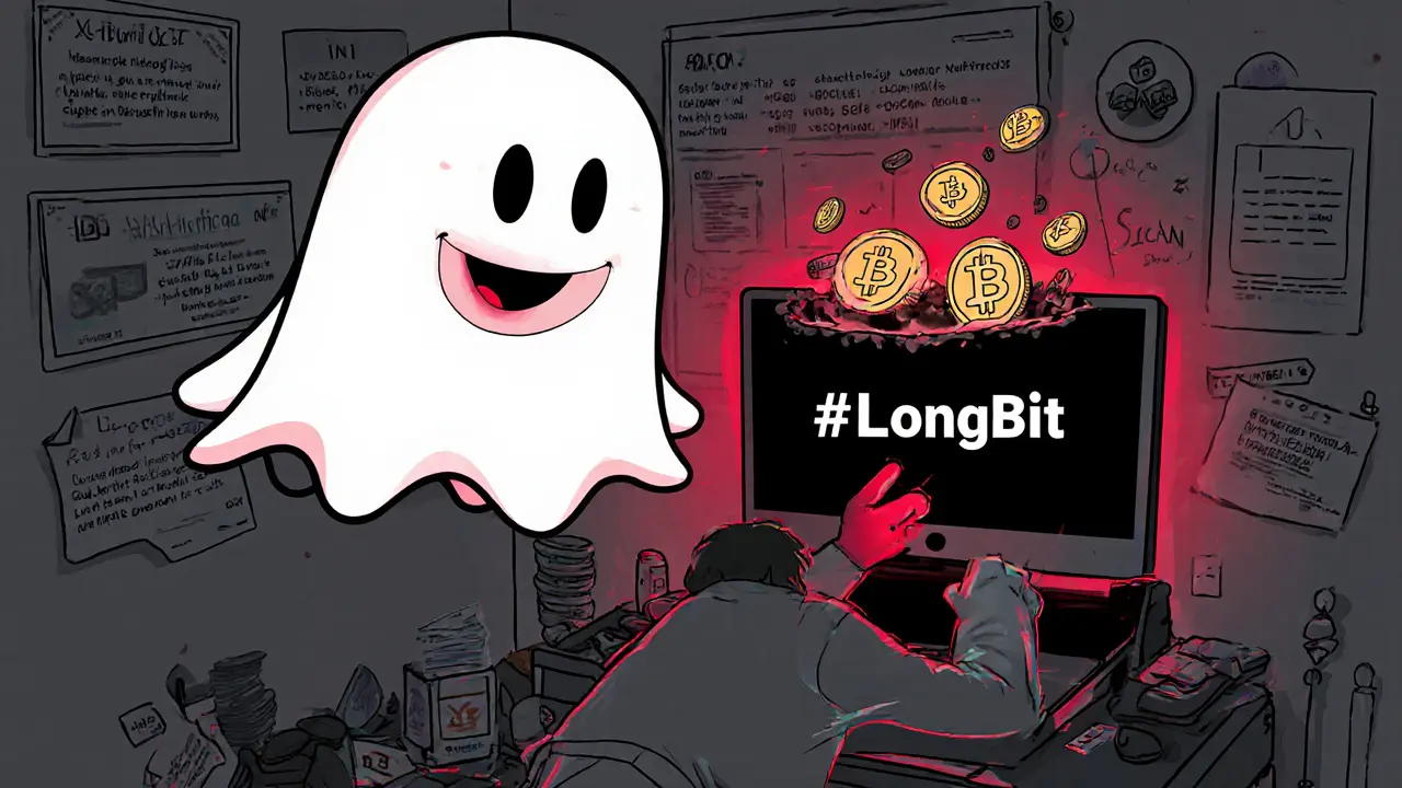 A person clicking a fake LongBit ad while crypto coins vanish into a black hole, with a ghostly scam figure grinning.