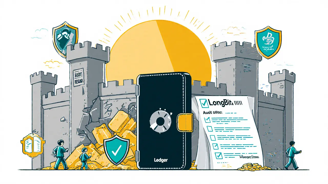 A secure hardware wallet standing strong against a collapsing LongBit building, with security icons glowing around it.