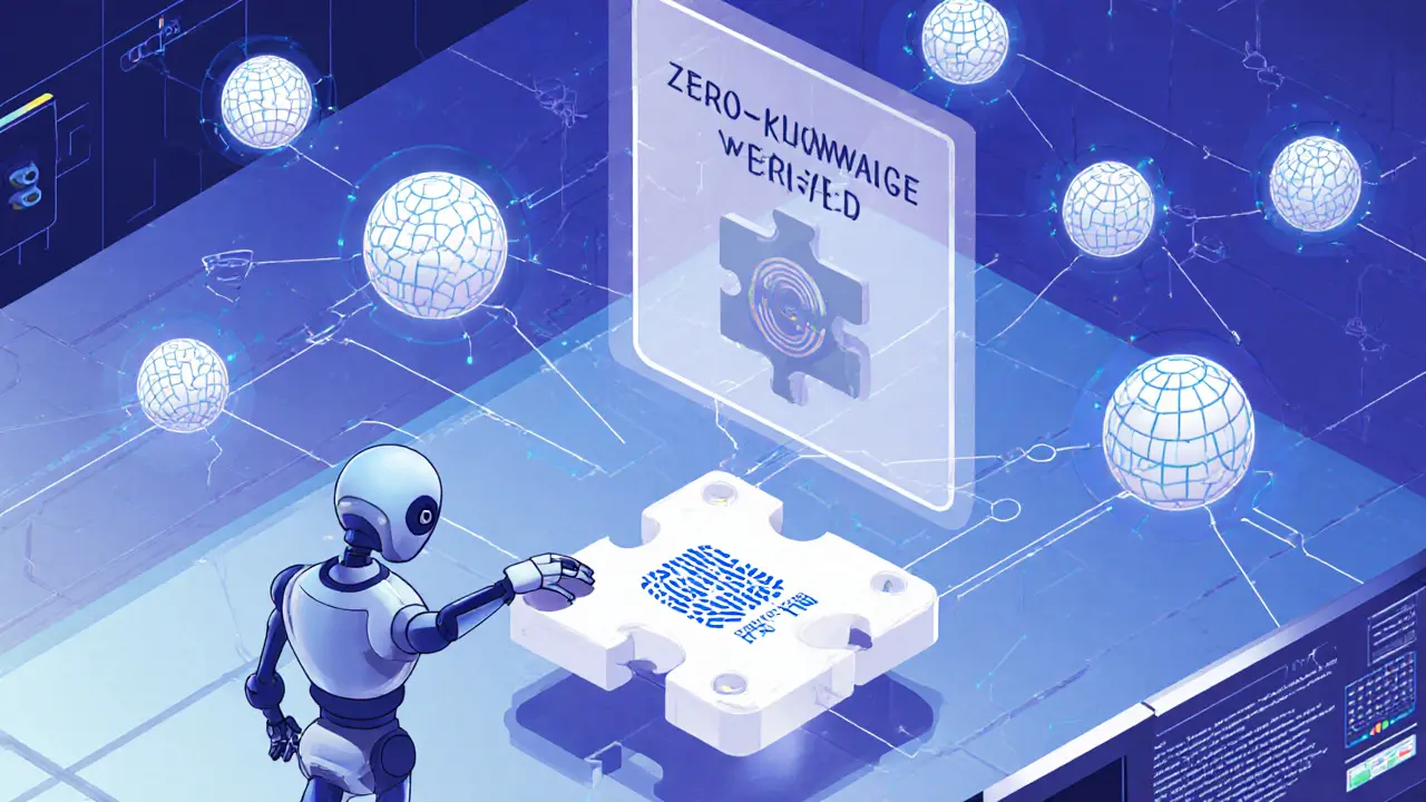 AI orbs connect to decentralized nodes via glowing lines, with a zero-knowledge proof shield verifying data without exposure.