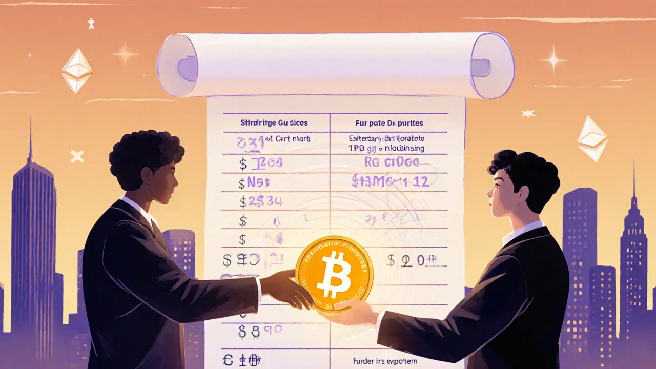 An artist hands an NFT to a collector as a transparent blockchain ledger shows past owners and automatic royalty payments.