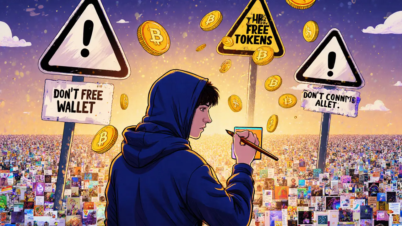 An artist painting a pixel NFT with 1MIL tokens, warning signs floating around them.