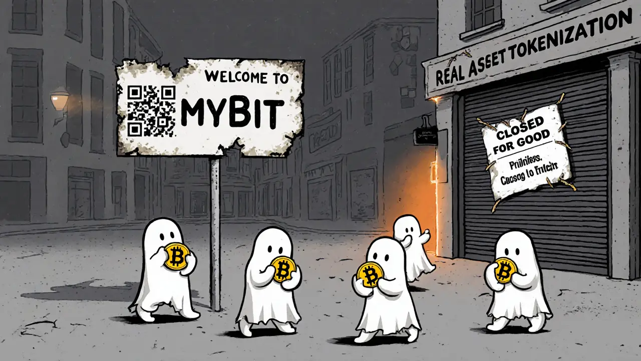 An empty digital town with 1,830 ghostly figures holding MYB tokens under a broken welcome sign.