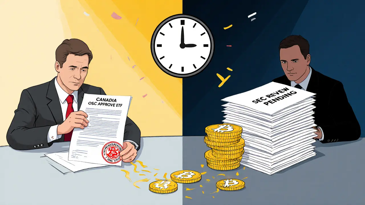 Canadian regulator approves a Bitcoin ETF while U.S. regulator waits, with time passing and Bitcoin flowing from Canada to the U.S.