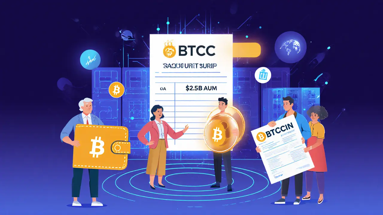 Canadians hold retirement accounts that turn into Bitcoin wallets, with BTCC’s .5B value displayed on a digital ledger behind them.