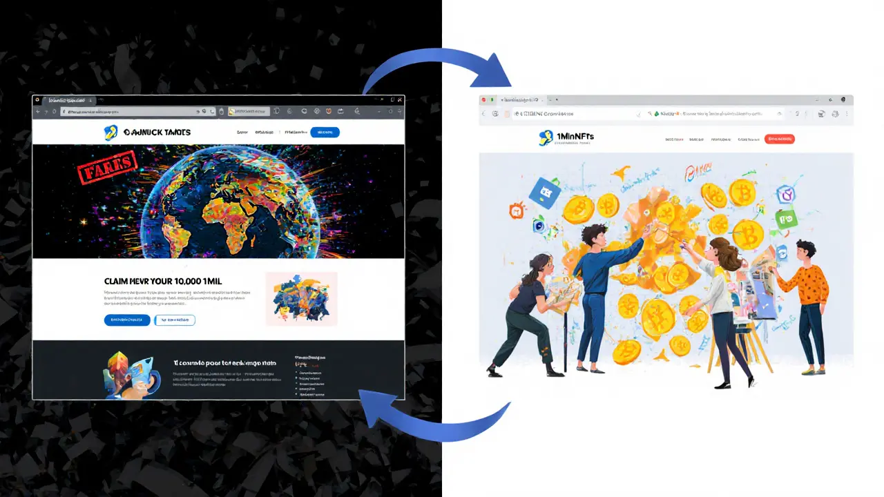 Contrasting scam website vs. official 1MillionNFTs platform with a user creating art peacefully.