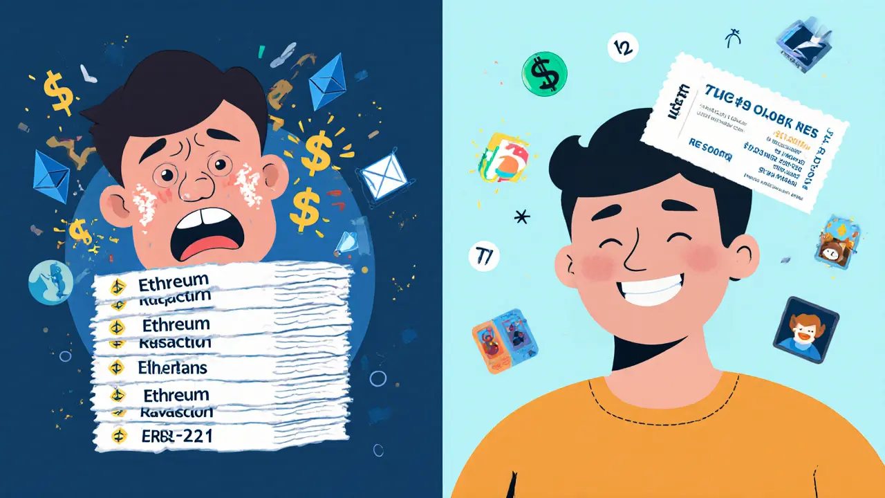 Contrasting scene of high Ethereum gas fees versus low Solana transaction costs with NFT icons.