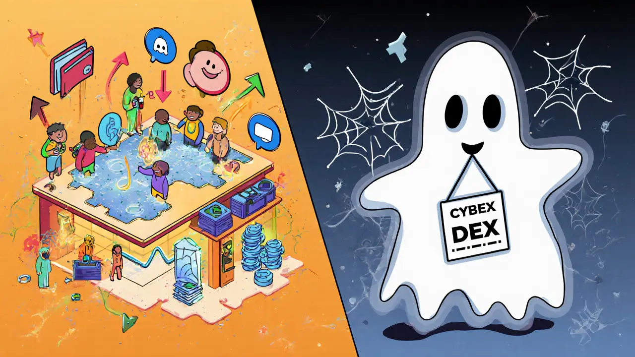Contrasting vibrant thriving DEX with a ghostly, abandoned Cybex DEX in a split-panel cartoon.