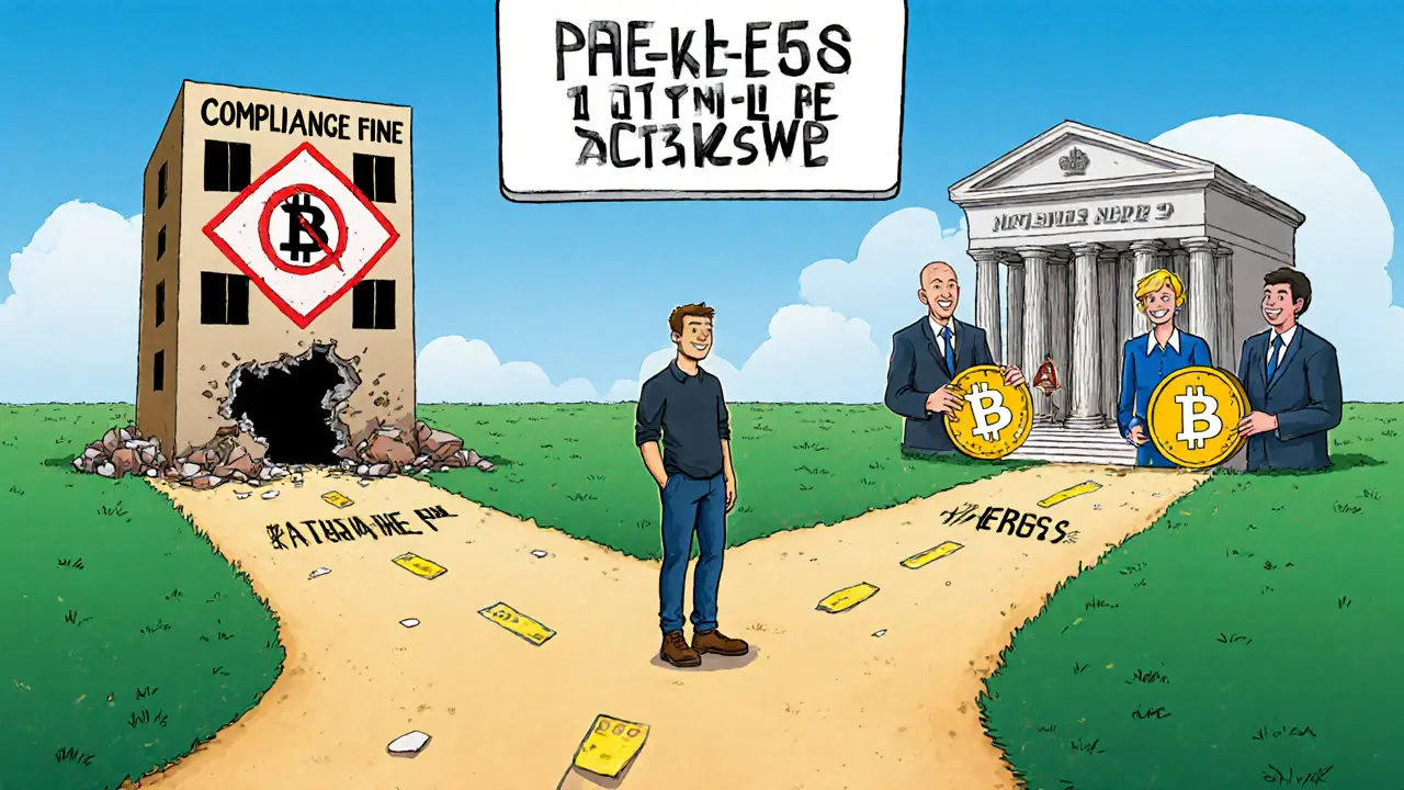 Crypto founder choosing between compliance and collapse, with banks and customers on the safe path.