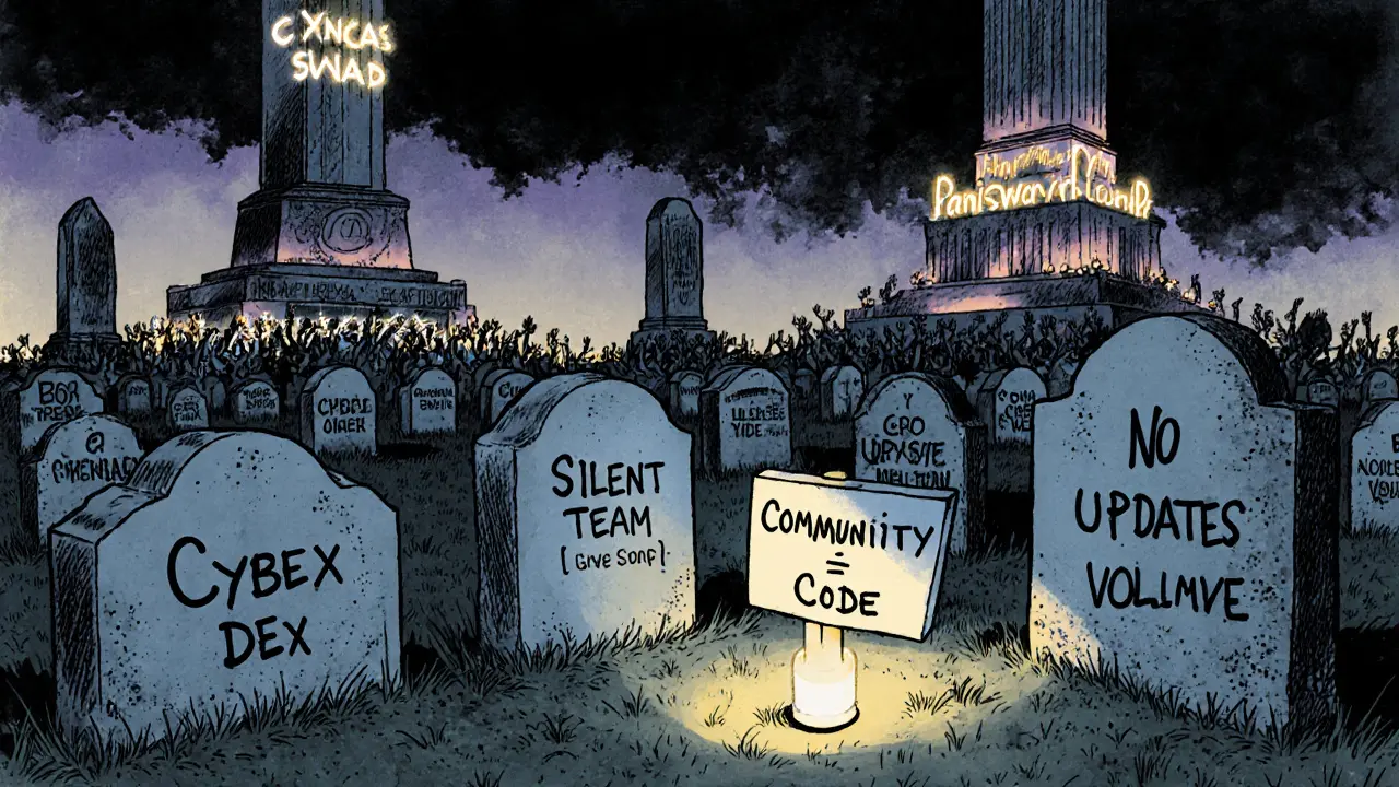 Crypto project graveyard with Cybex DEX tombstone and glowing successful DEXes in the background.