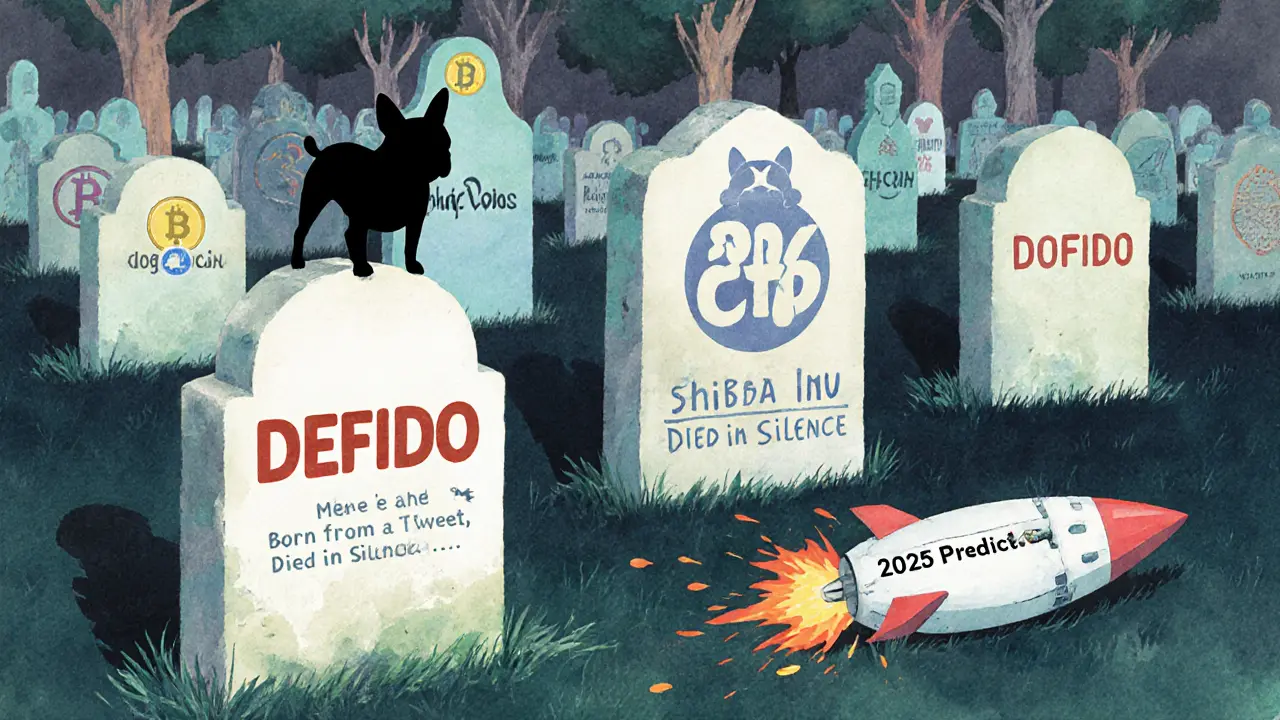 DEFIDO&#039;s tombstone in a crypto graveyard, overshadowed by successful meme coins.