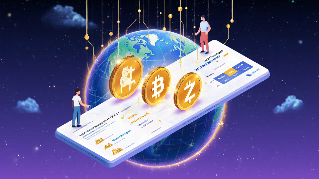 Floating ZAM, AEDZ, and USDZ tokens with users accessing tokenized investment portfolios on a global blockchain network.