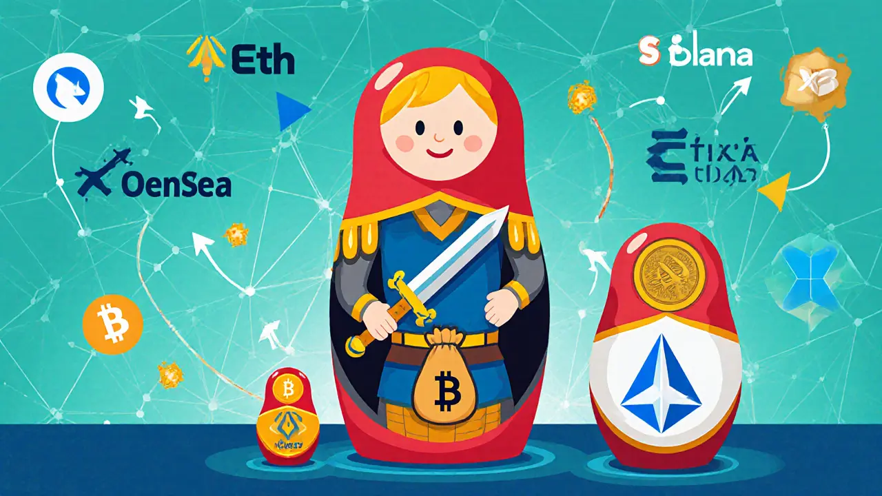 Nested NFT doll revealing owned assets, connected to multiple blockchain marketplaces.