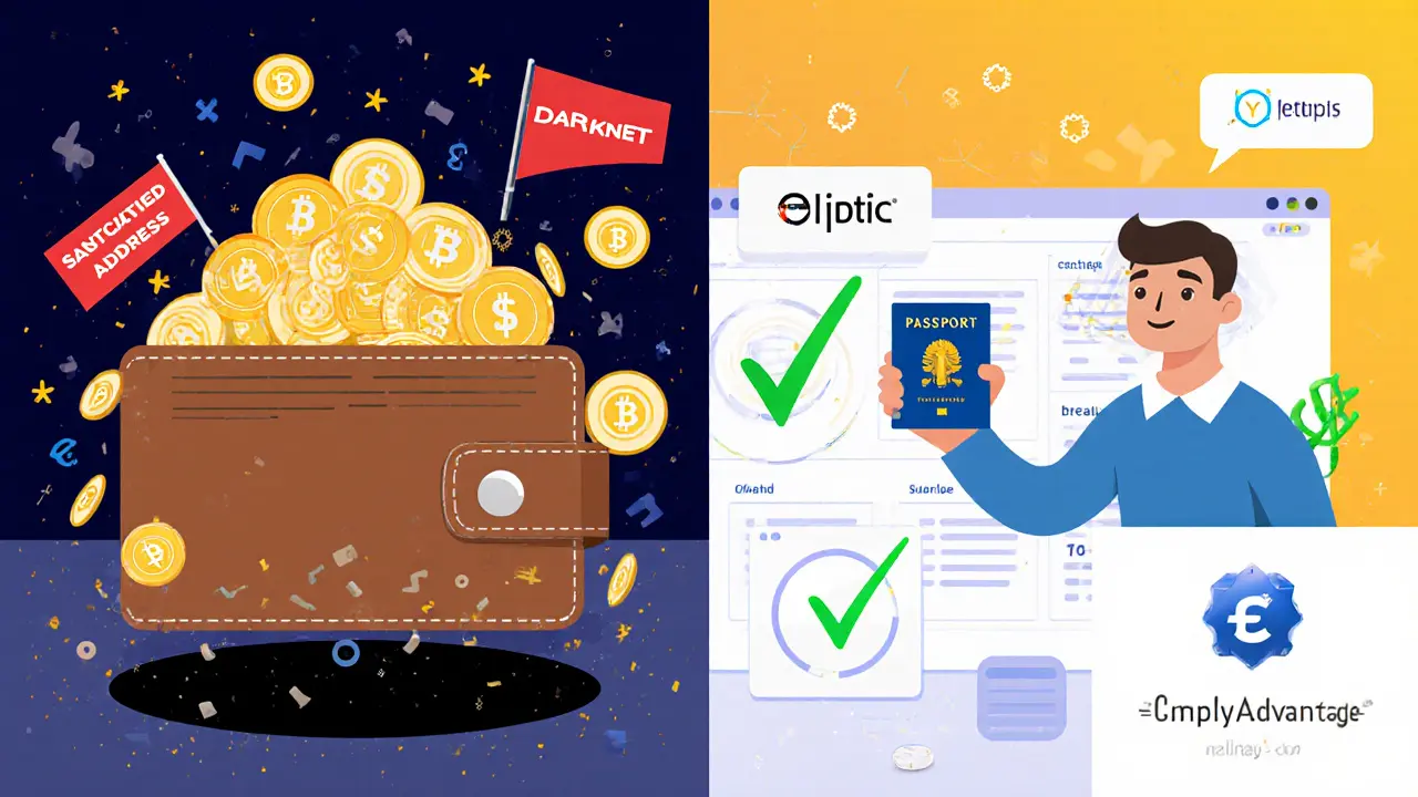 Split scene: chaotic crypto transfers vs. AI compliance dashboard verifying user identity.