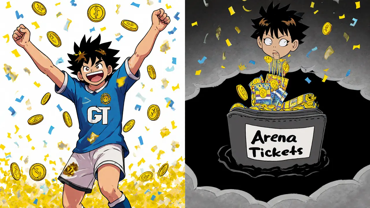 Split scene: one side shows a player earning tokens after winning, the other shows them losing tokens to game expenses.