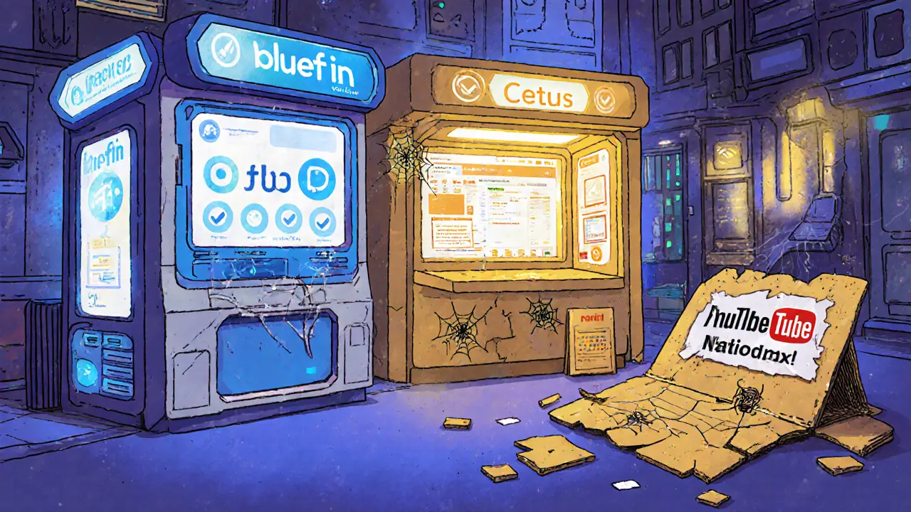 Trusted Sui exchanges Bluefin, Cetus, Swoo glow brightly while AnimeSwap sign crumbles in corner.