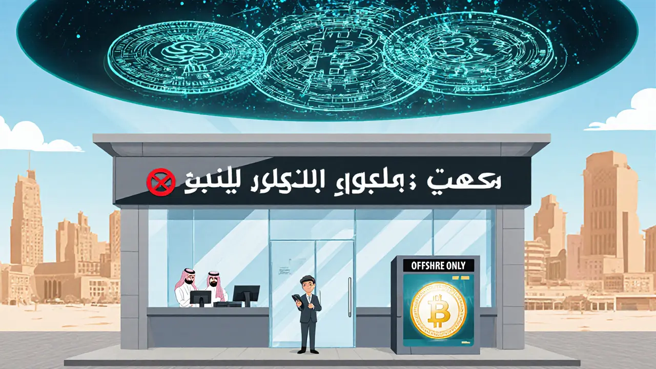 A bank refuses a customer with a crypto app, while a hidden crypto ATM glows outside with &#039;Offshore Only&#039; signage.