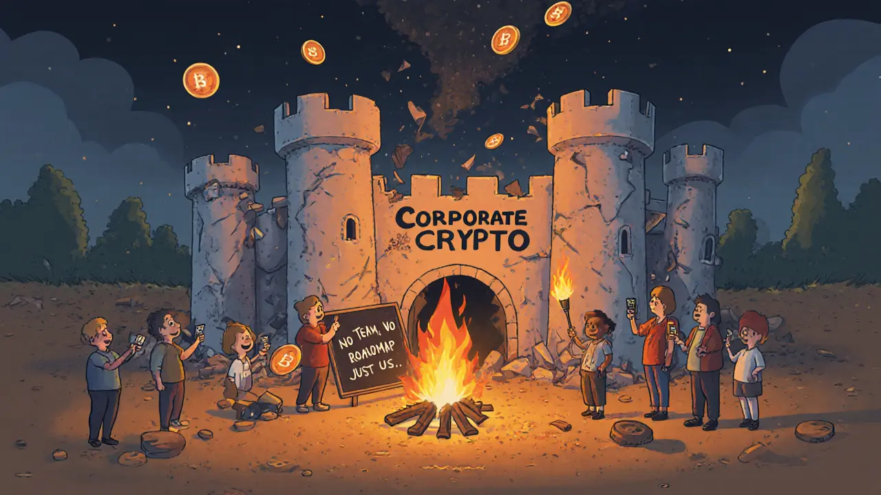 A crumbling corporate crypto castle beside a community campfire lit by LOOK tokens, no team or roadmap.