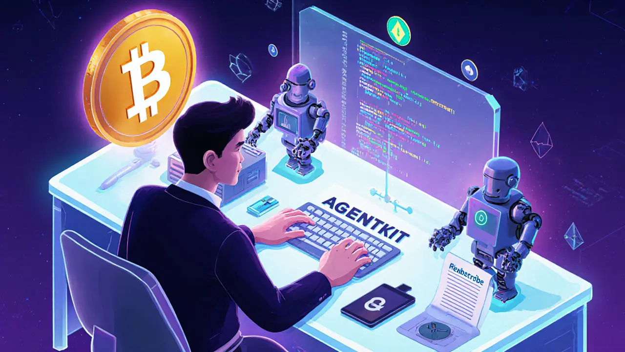 A developer working with AgentKit while three AI agents autonomously perform blockchain tasks without gas fees.