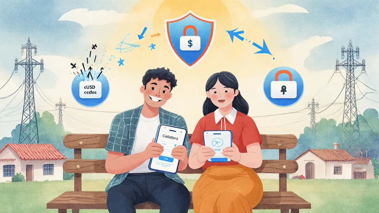 A farmer and teacher in a village using smartphones to earn interest on cUSD deposits, with animated financial icons above them.