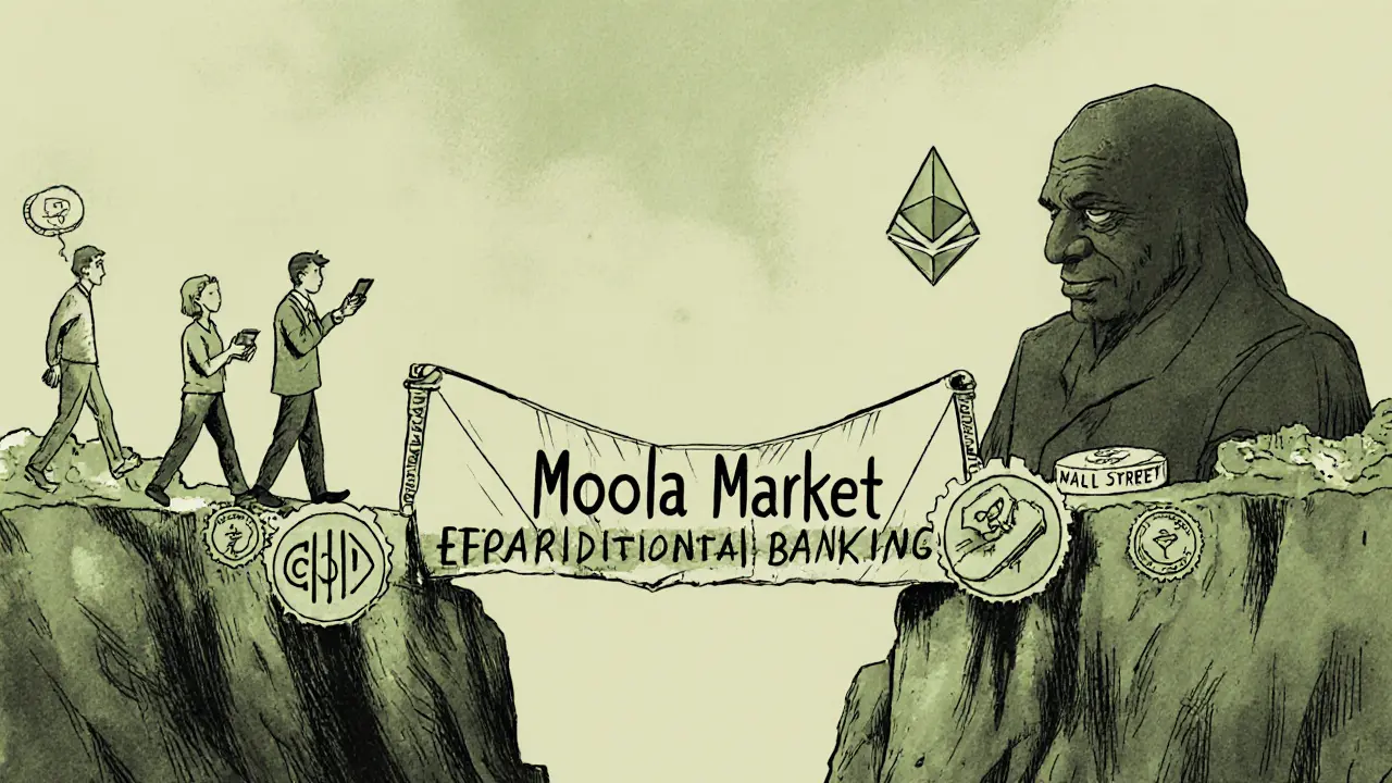 A fragile paper bridge labeled Moola Market connects people with phones to financial access, while distant figures represent traditional banking barriers.