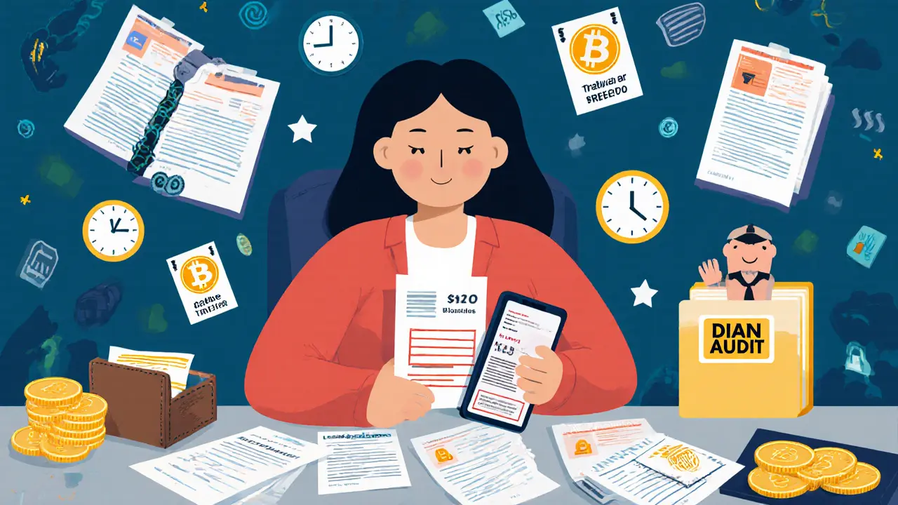 A freelancer facing bank rejection on phone, surrounded by crypto wallets and tax documents with high fees.