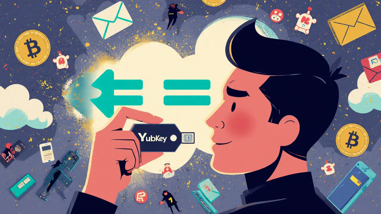 A person using a YubiKey to securely access a crypto exchange, while hackers fail around them.