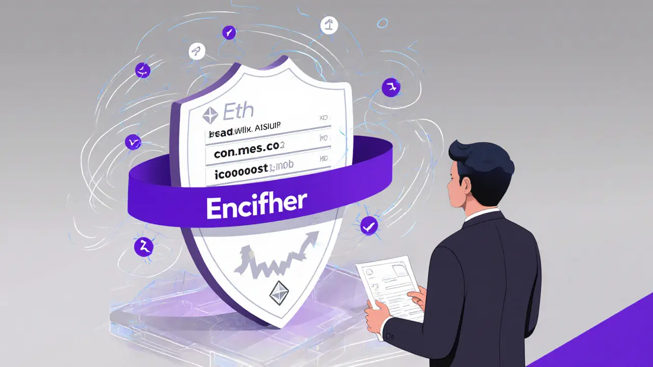 A privacy shield hides a blockchain transaction as an AI agent executes a trade, using zero-knowledge proofs for anonymity.