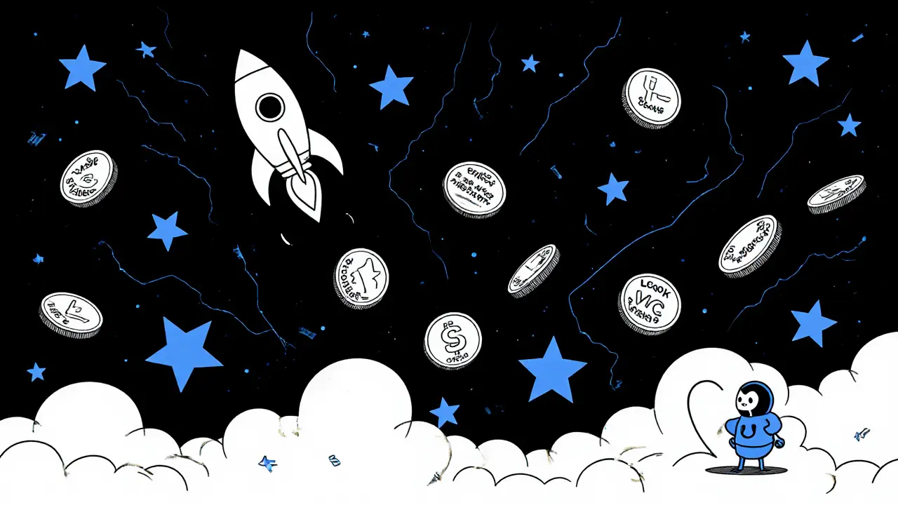 A tiny SOL rocket soaring past falling corporate crypto coins, with LOOK tokens rising as blue stars below.