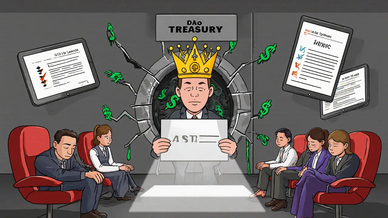 A wealthy token holder dominates a DAO vote while others are disengaged, with a leaking treasury behind them.