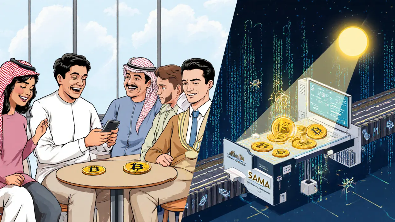 A young person trades crypto casually, while a state-controlled digital finance hub with Islamic motifs shines beside them.