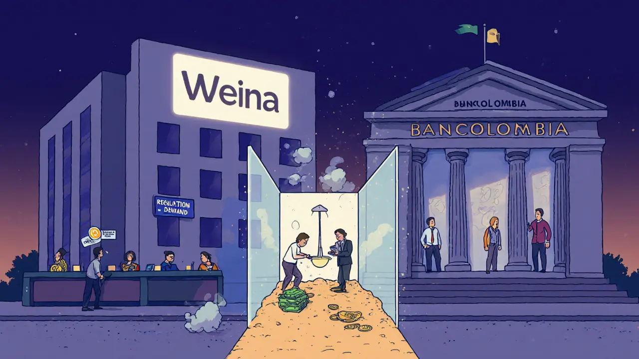 Bancolombia bank and Wenia crypto exchange separated by a wall, users passing cash through a narrow gateway.