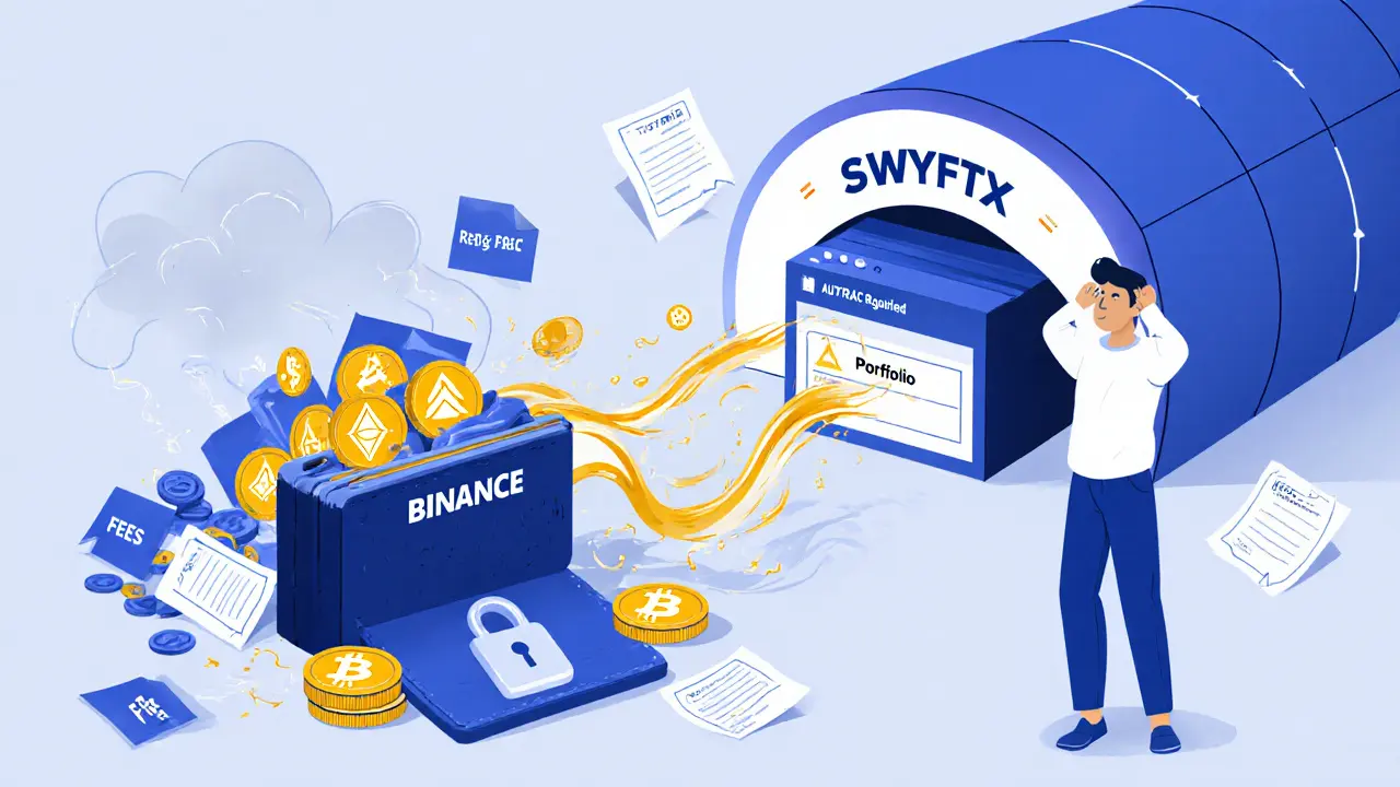 Crypto coins flowing securely from an old exchange to Swyftx, symbolizing a smooth portfolio transfer.