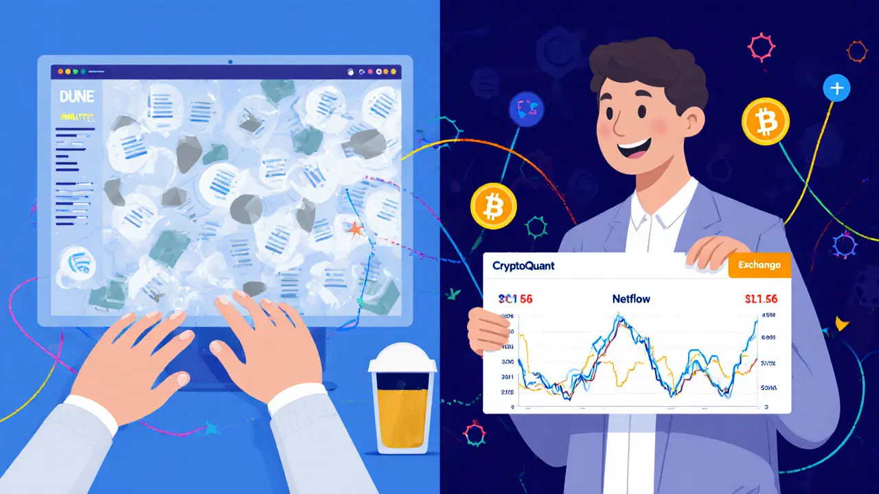 Developer using Dune Analytics alongside a retail trader watching CryptoQuant exchange flow alerts.