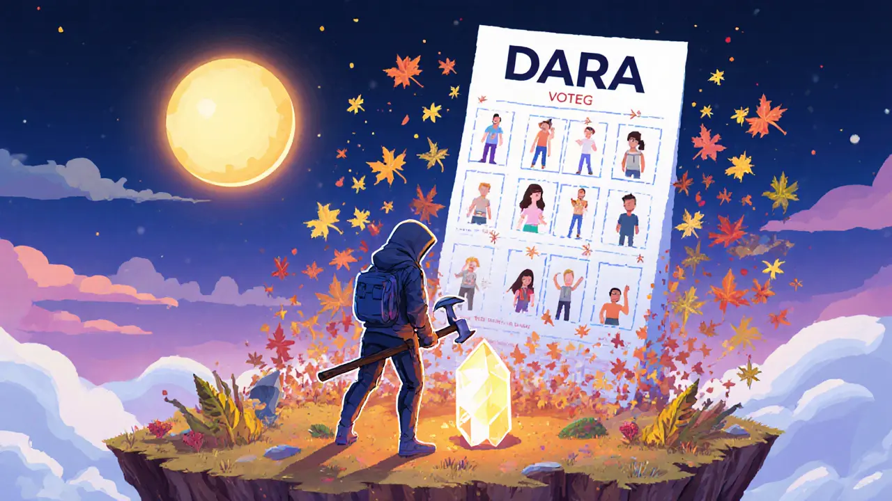 Explorer mining NORA crystal in MetaVoxel as a giant DAO ballot floats above, surrounded by blockchain leaf swirls.