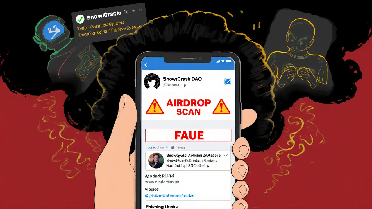 Hand holding phone with fake airdrop site, contrasted with verified SnowCrash Twitter profile and dissolving scam bots.
