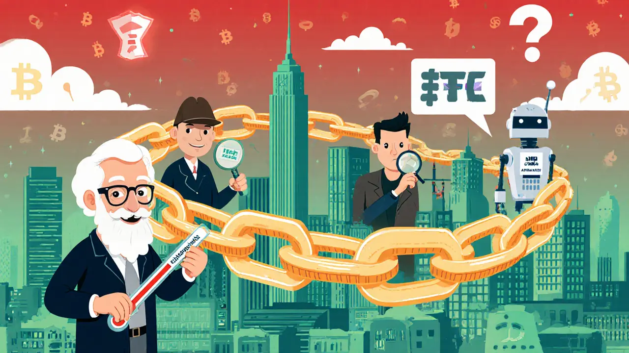 Personified on-chain tools—Glassnode, Nansen, Chainalysis, and Arkham AI—guarding a blockchain-wrapped city.