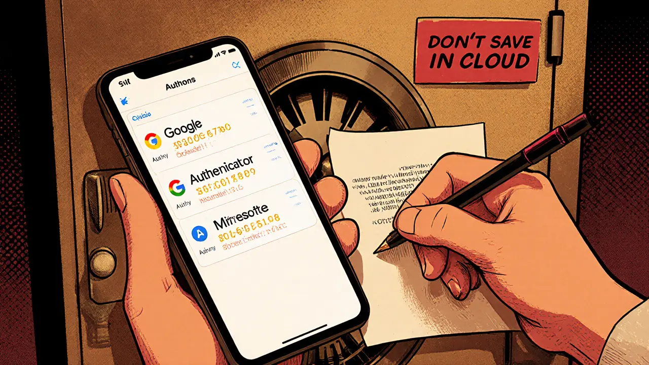 Someone saving 2FA recovery codes on paper into a vault while authenticator apps display codes on a phone.