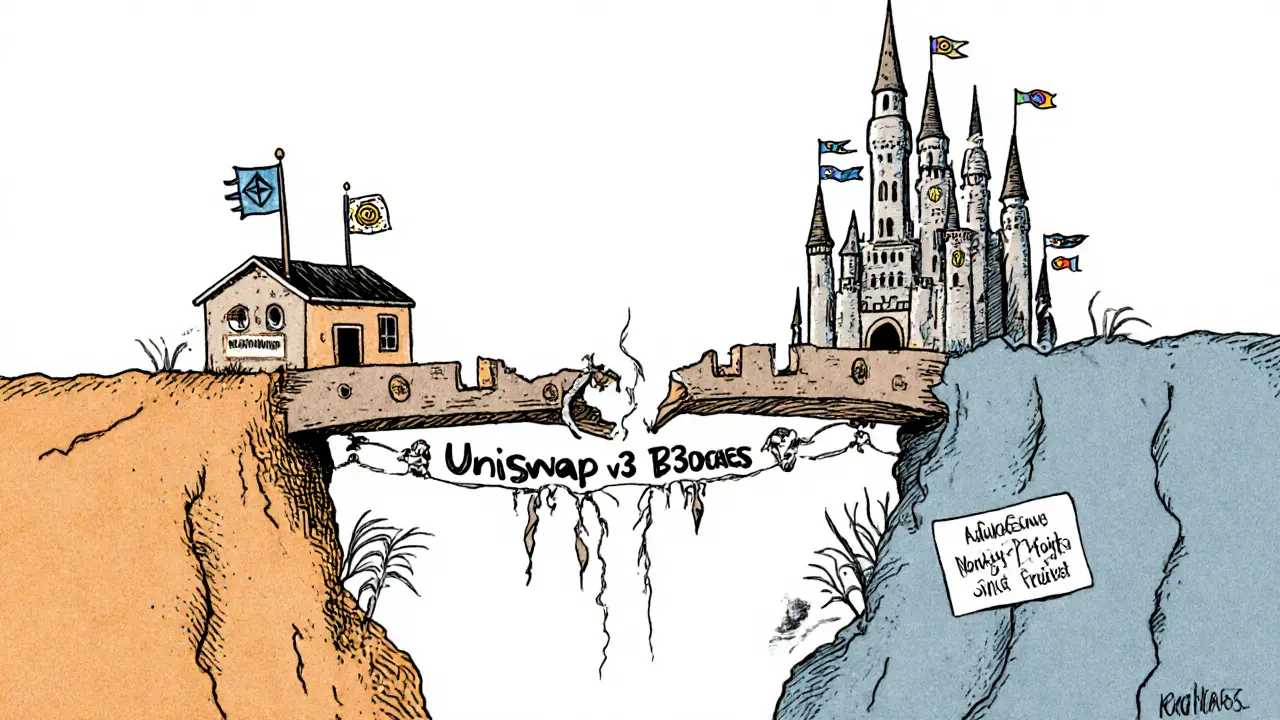 A crumbling bridge labeled Uniswap v3 (BSC) connects Ethereum to BSC, while PancakeSwap&#039;s castle stands strong on the other side.