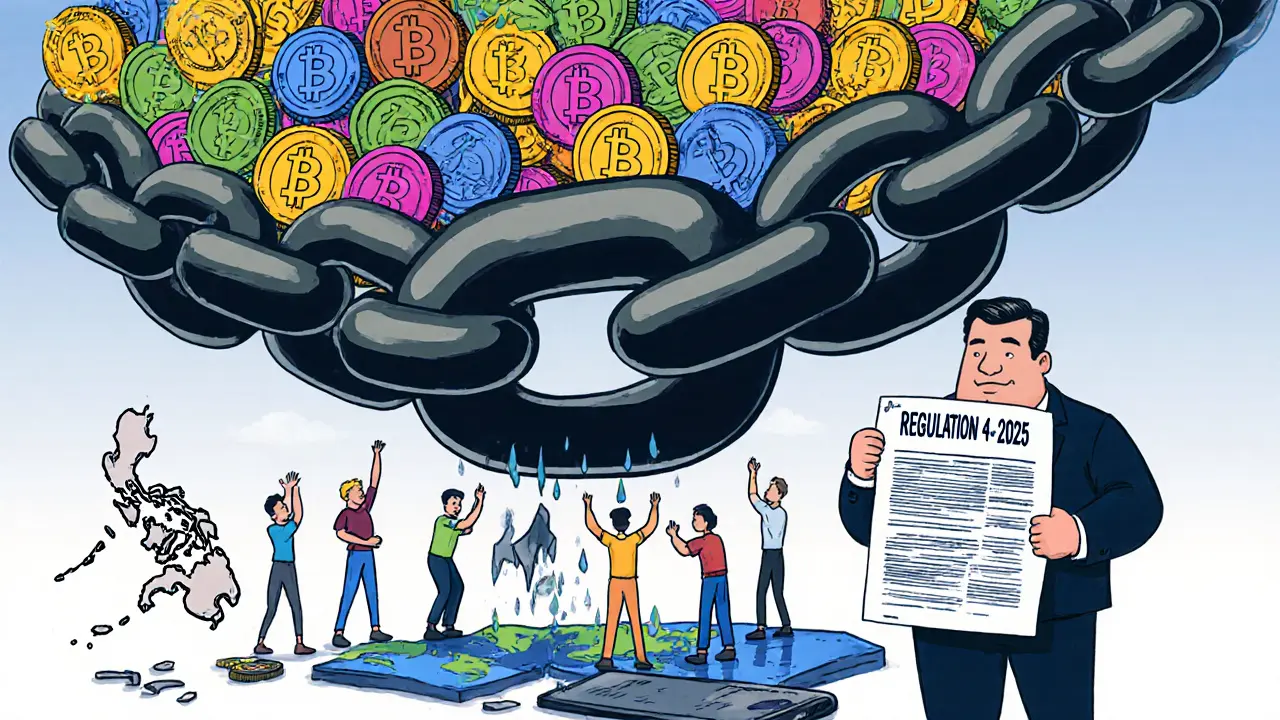 A giant blockchain chain locks crypto assets above the Philippines as confused citizens reach out helplessly to a stern SEC official.