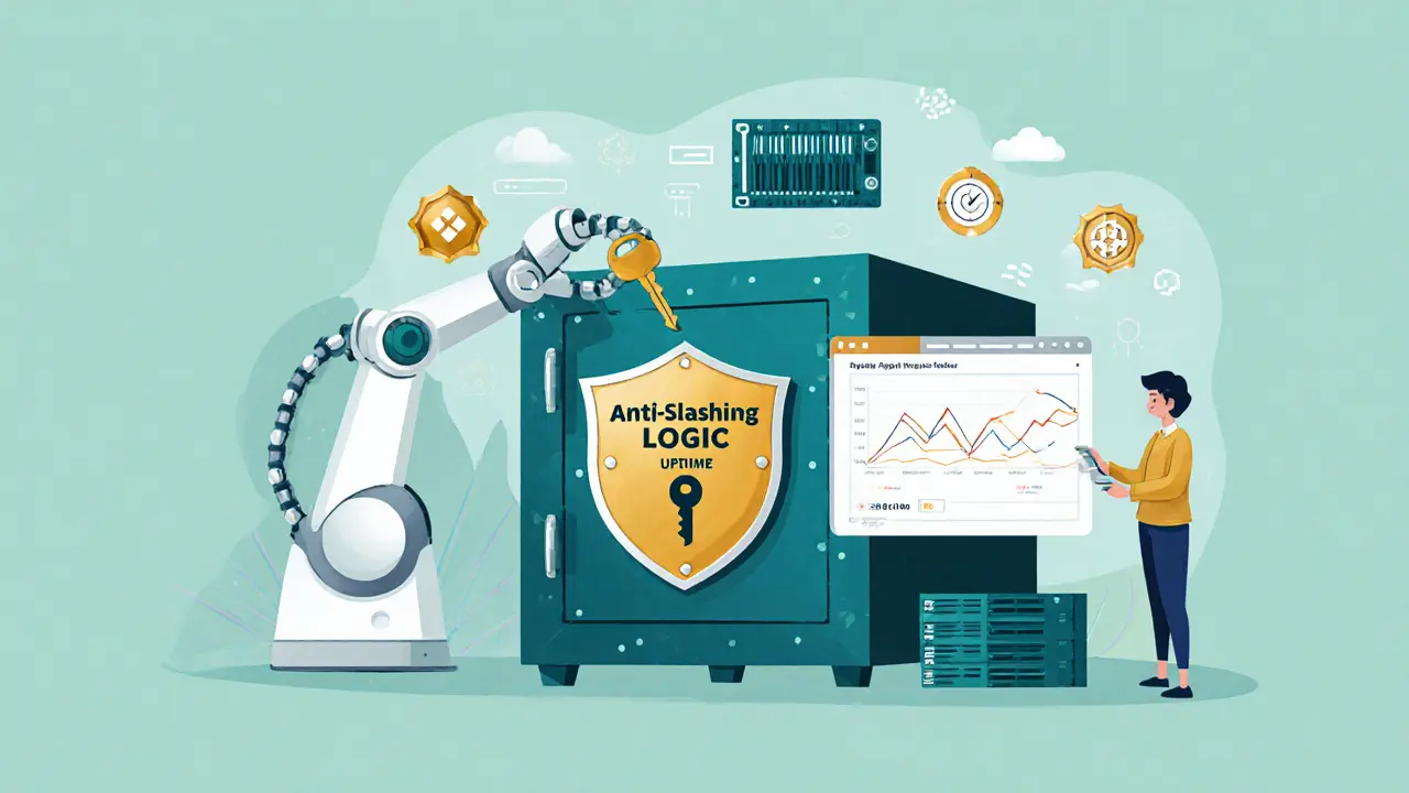 A secure vault guarded by a robotic arm holds a single unique key, protecting against slashing.