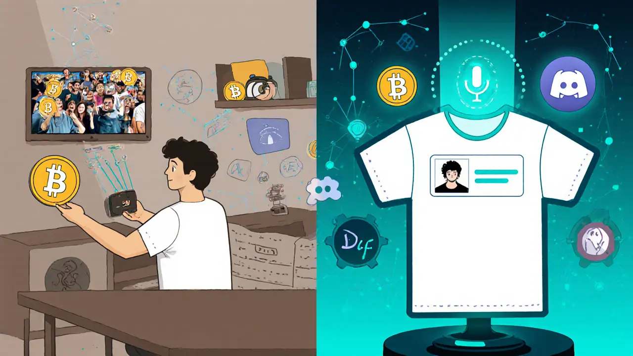 Creator receiving FLZ tokens from fans, unlocking a physical merch NFT with hologram message.