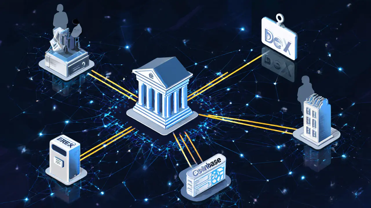 DREX blockchain network connects banks and licensed exchanges with golden pulses, while foreign crypto platforms remain locked out and faded.