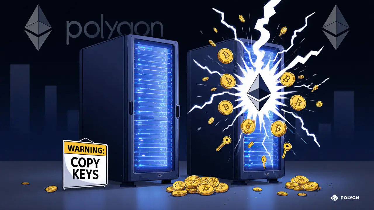 One healthy validator glows safely while a duplicate explodes into falling tokens with a warning sign.